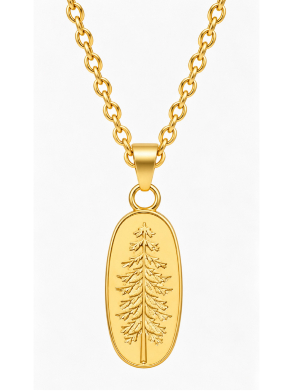 Gold-Tone Stainless Steel Pine Tree Pendant Necklace | Woodland Cottagecore Jewe